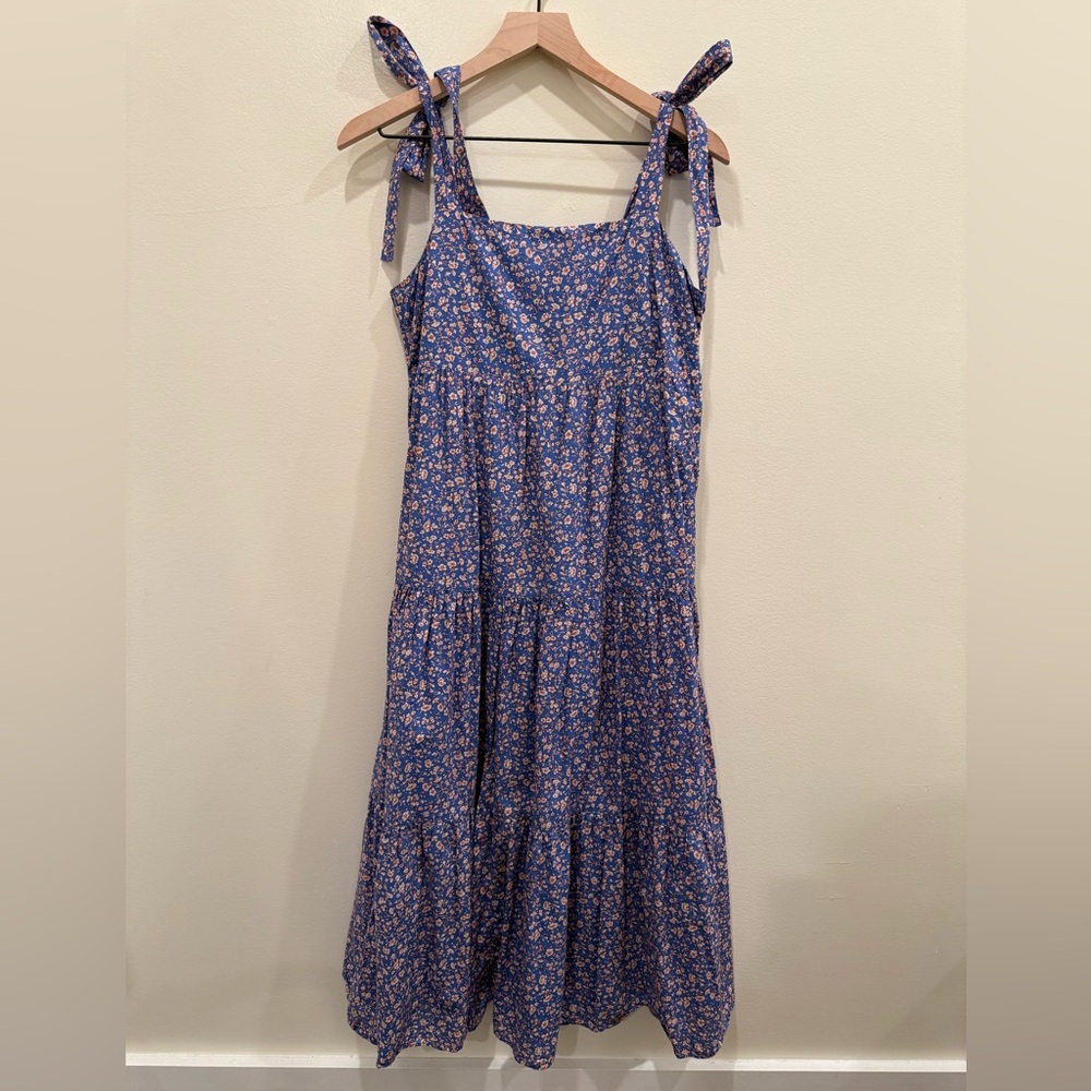 Madewell Blue Floral Tie-Shoulder Midi Dress